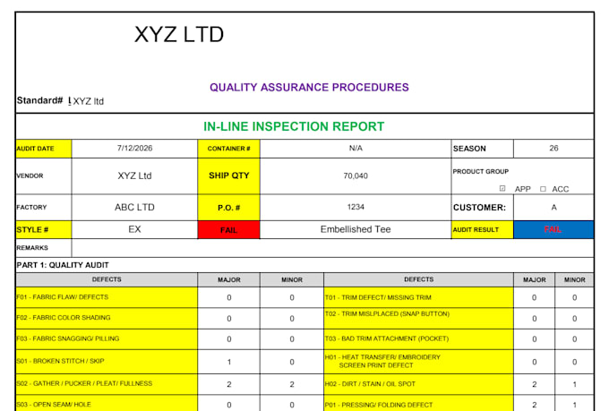 create professional garment inspection reports and defect analysis